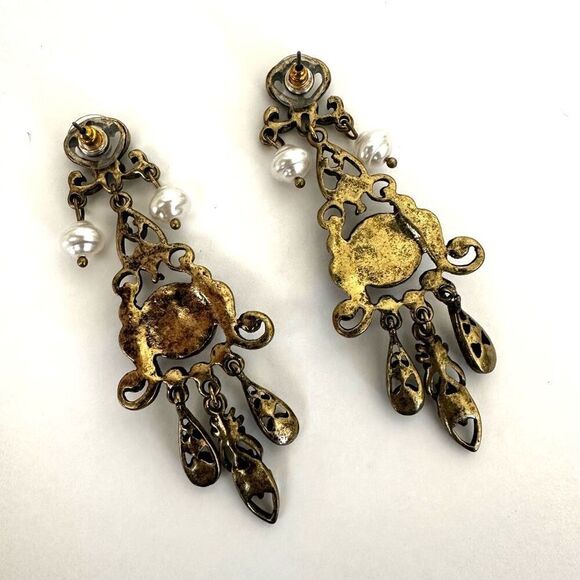 Red  faux pearl rhinestone long statement earrings - Picture 7 of 9